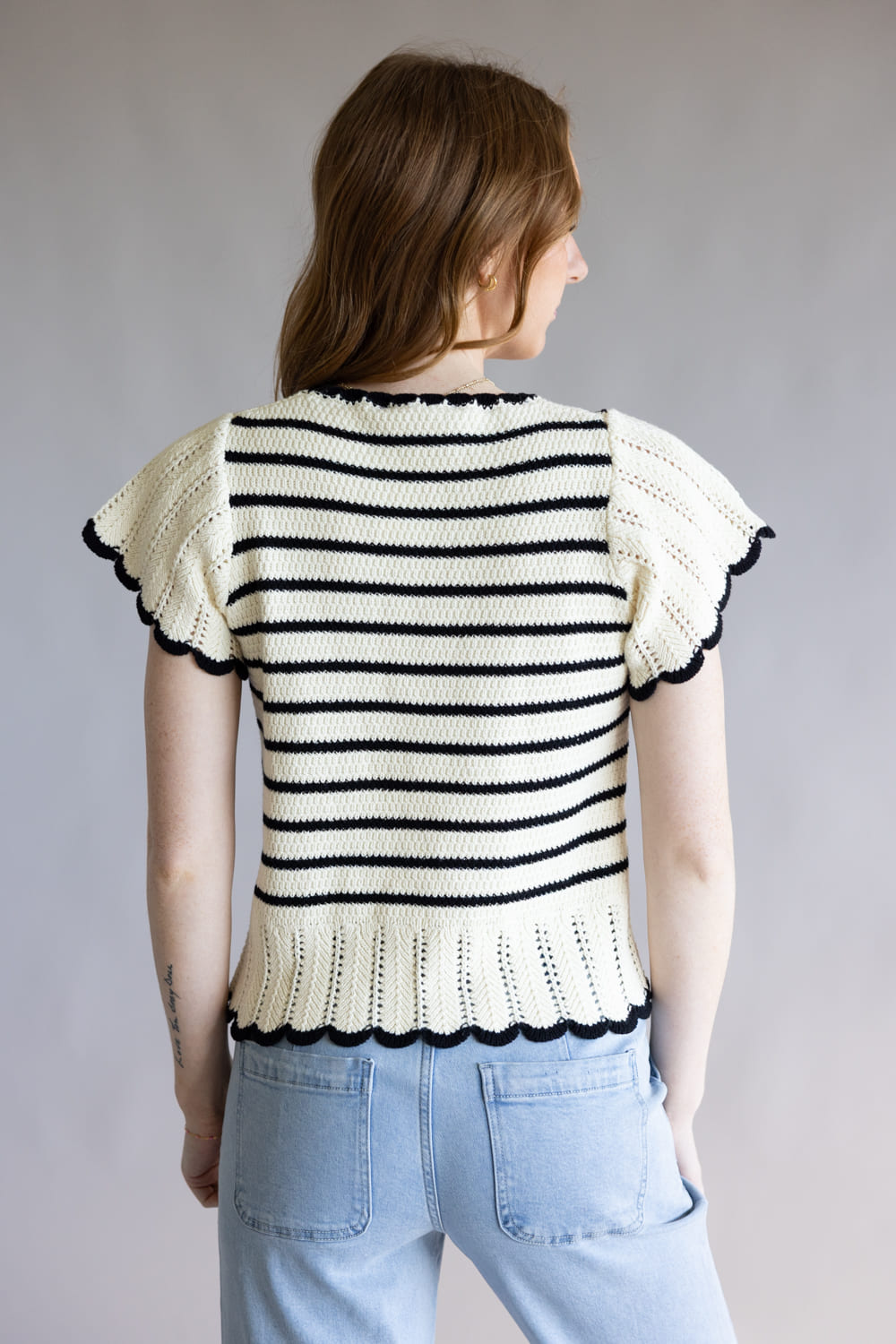 Crochet Striped Flutter Sleeve Sweater for Women in Natural/Black