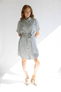 Striped Button Front Tie Waist Midi Dress for Women in Navy/Cream
