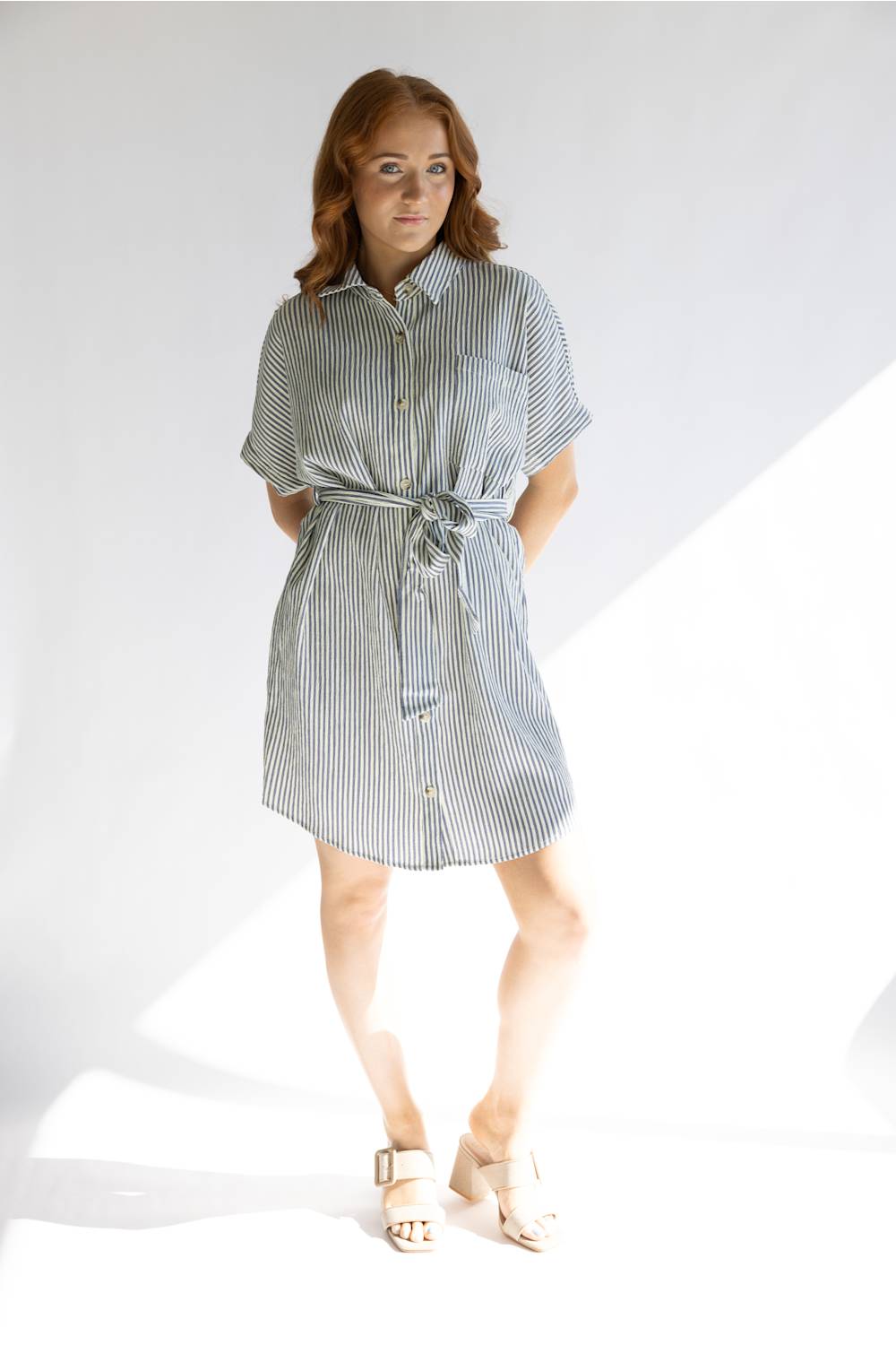 Striped Button Front Tie Waist Midi Dress for Women in Navy/Cream