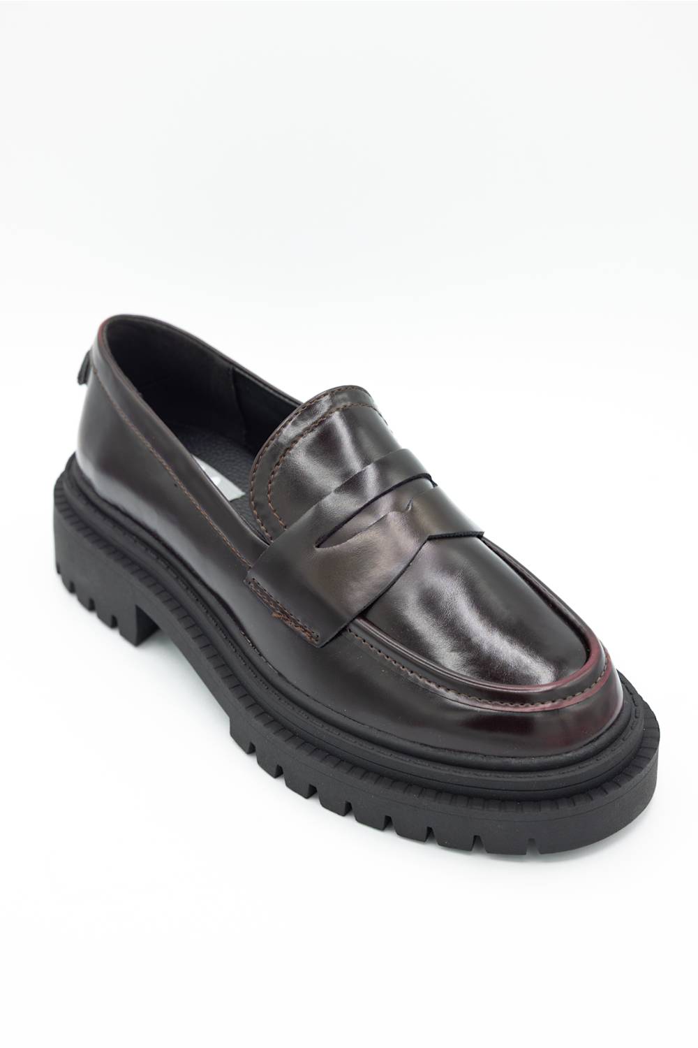MIA Henrik Platform Loafers in wine red leather, featuring a chunky lug sole, round moc toe, and classic penny loafer strap detail, displayed against a plain white background.