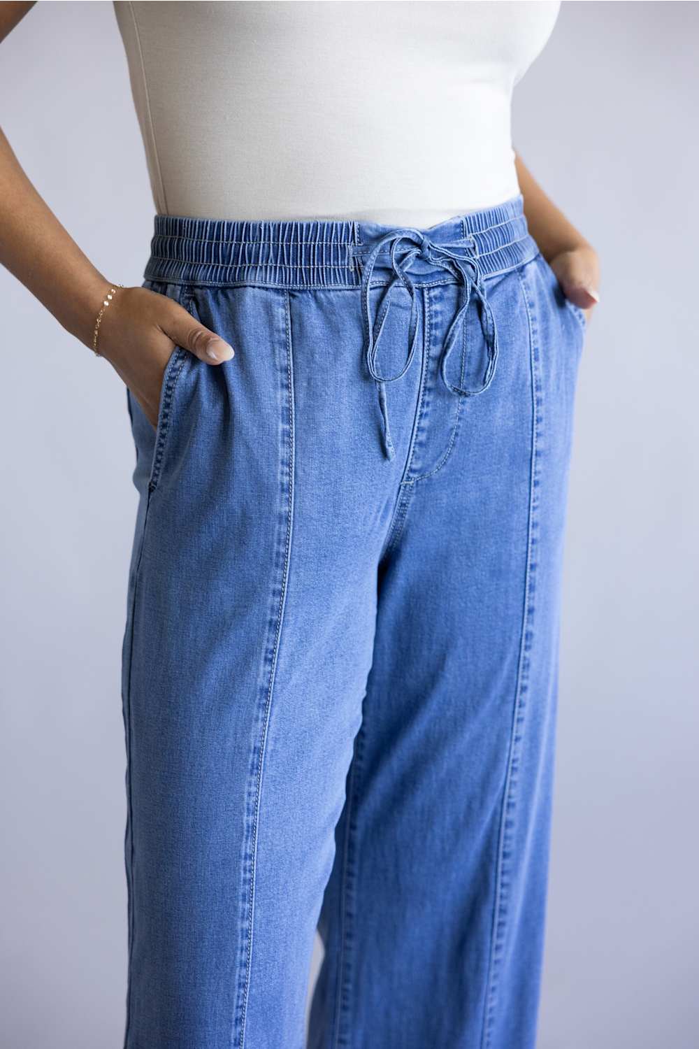 Mica High Rise Drawstring Wide Leg Pants for Women in Denim | MDP