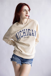 1897 Active Embroidered Michigan Fleece Sweatshirt for Women in Cream