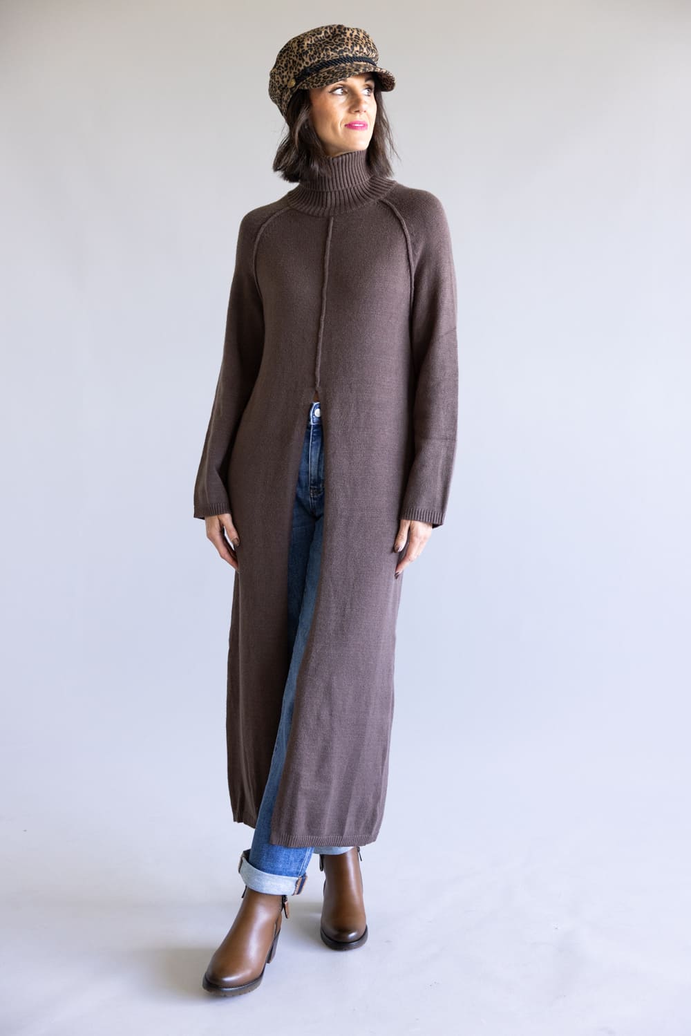 Turtleneck Tunic Sweater for Women in Brown