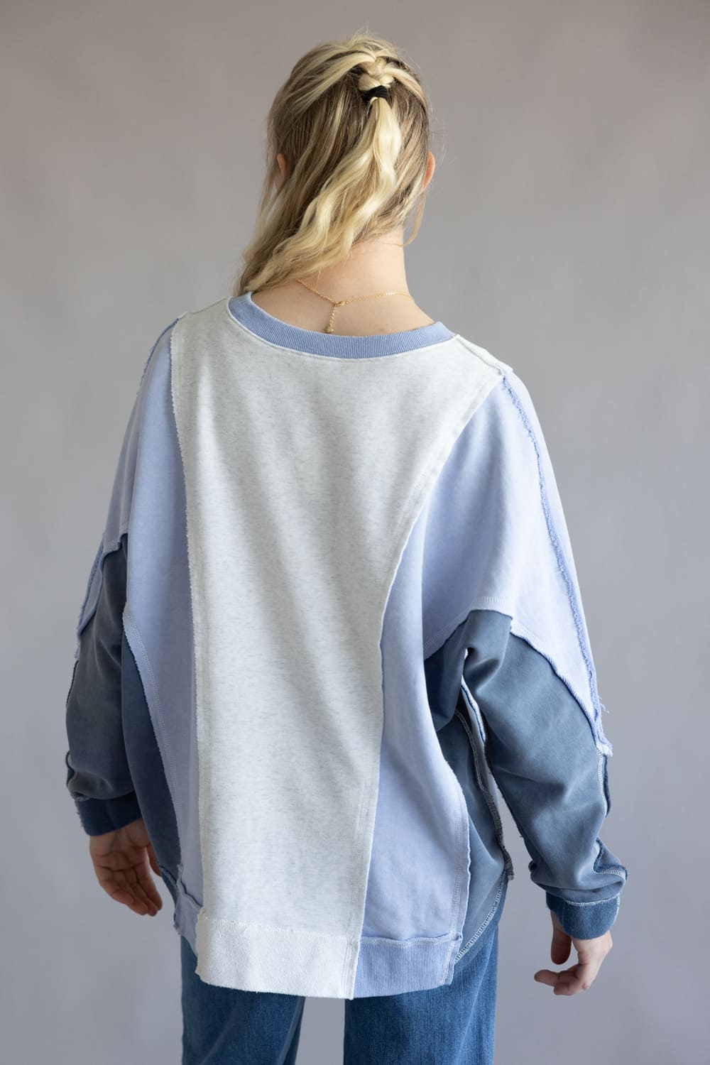 Mineral Wash Color Block Pullover for Women in Blue Combo 
