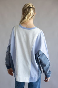 Mineral Wash Color Block Pullover for Women in Blue Combo 