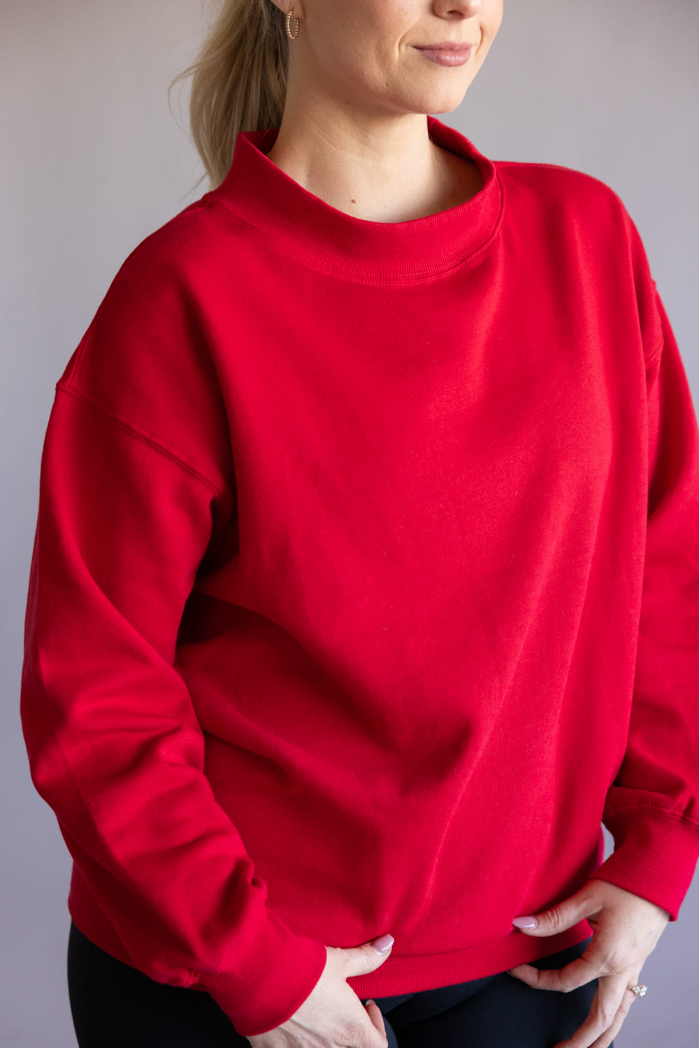 Mock Neck Oversized Fleece Pullover for Women in Red