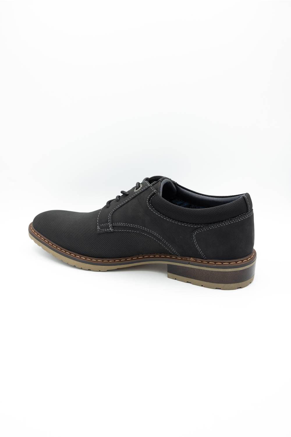 A black leather lace-up dress shoe with a low stacked heel and brown welt stitching, shown from a side profile on a white background.