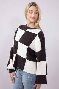 Checker Sweater for Women in Charcoal Brown | MSW1413-CHCBRN