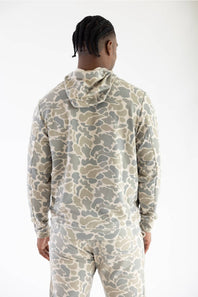 camo hoodie on man