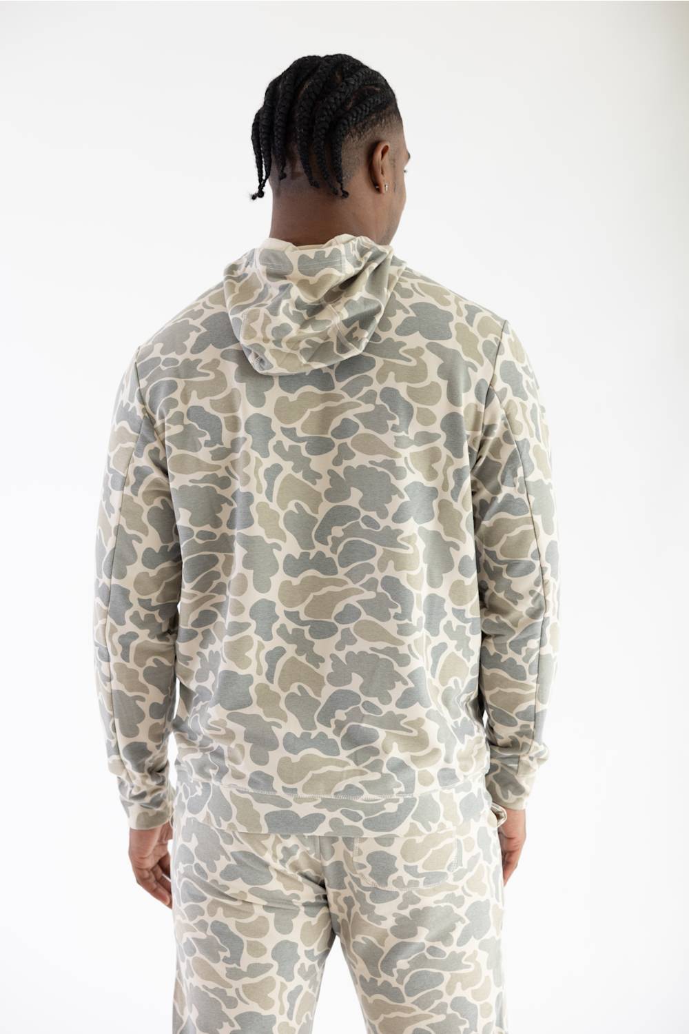 camo hoodie on man