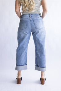 Mica High Rise Cuffed Barrel Jeans for Women; Light blue jeans worn by a person on a white background