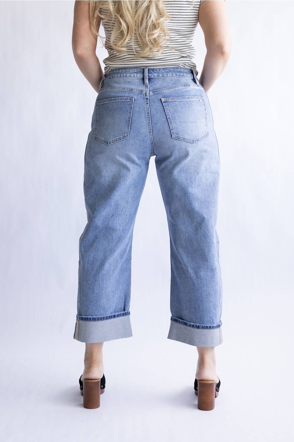 Mica High Rise Cuffed Barrel Jeans for Women; Light blue jeans worn by a person on a white background