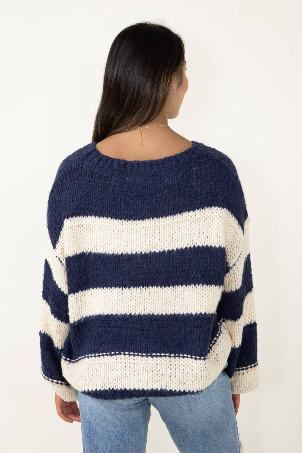 Miracle Striped Oversized Braid Cable Knit Sweater for Women in Navy