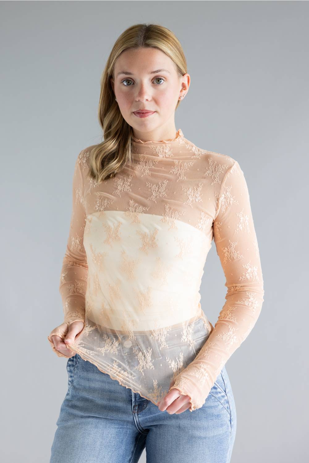 Mock Neck Lace Layering Top for Women in Blush Pink