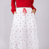 Mustard Seed Cherry Embroidered Tiered Midi Skirt for Women in White