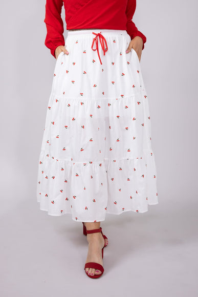 Mustard Seed Cherry Embroidered Tiered Midi Skirt for Women in White