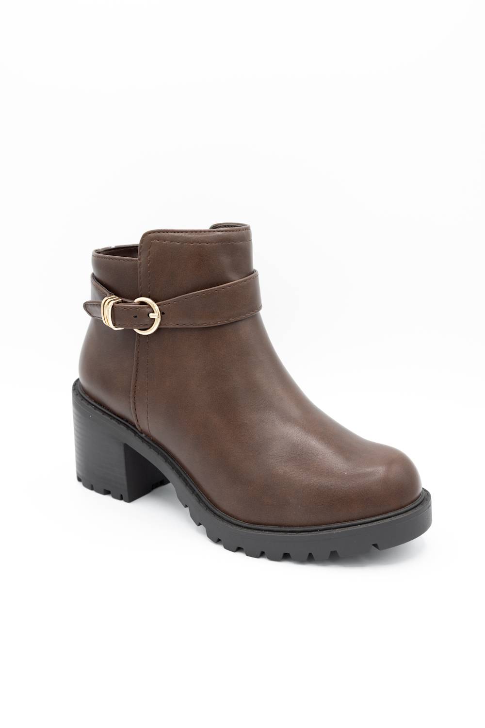 A brown faux-leather ankle boot with a chunky black block heel, a decorative strap across the ankle featuring a gold-tone buckle, and a rugged lug sole, shown against a plain white background.
