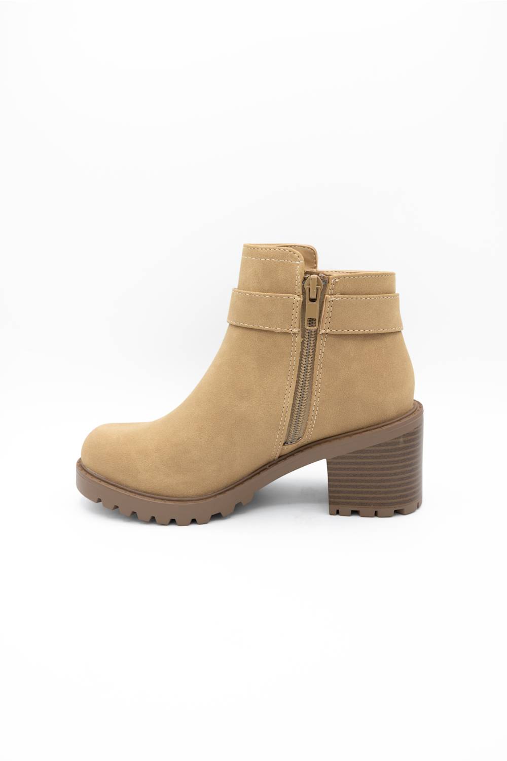 A beige suede ankle boot with a brown block heel and a side zipper, shown from a side profile view on a white background.