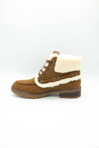 A brown suede lace-up ankle boot with a thick cream-colored shearling lining and a brown sole, shown from a side profile view on a white background.