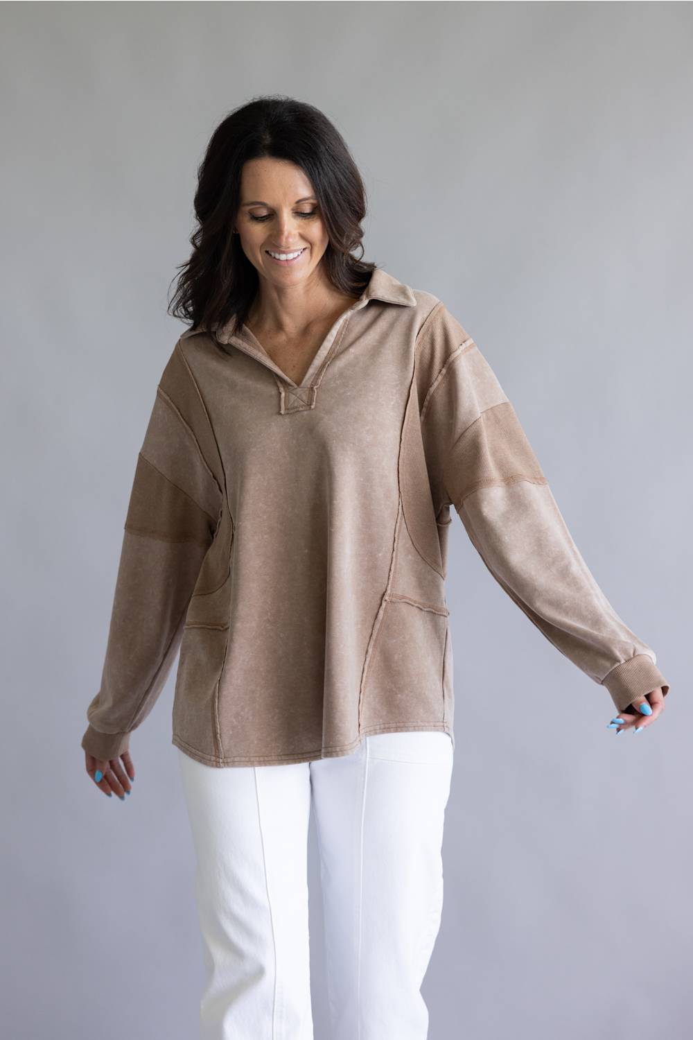 Mineral Wash Oversized French Terry Top for Women in Mocha