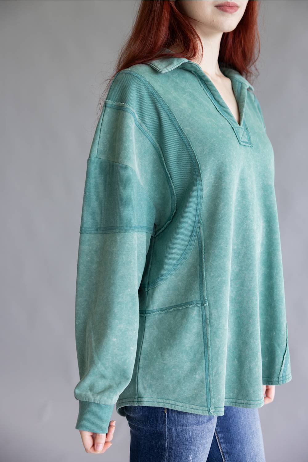 Mineral Wash Oversized French Terry Top for Women in Sage