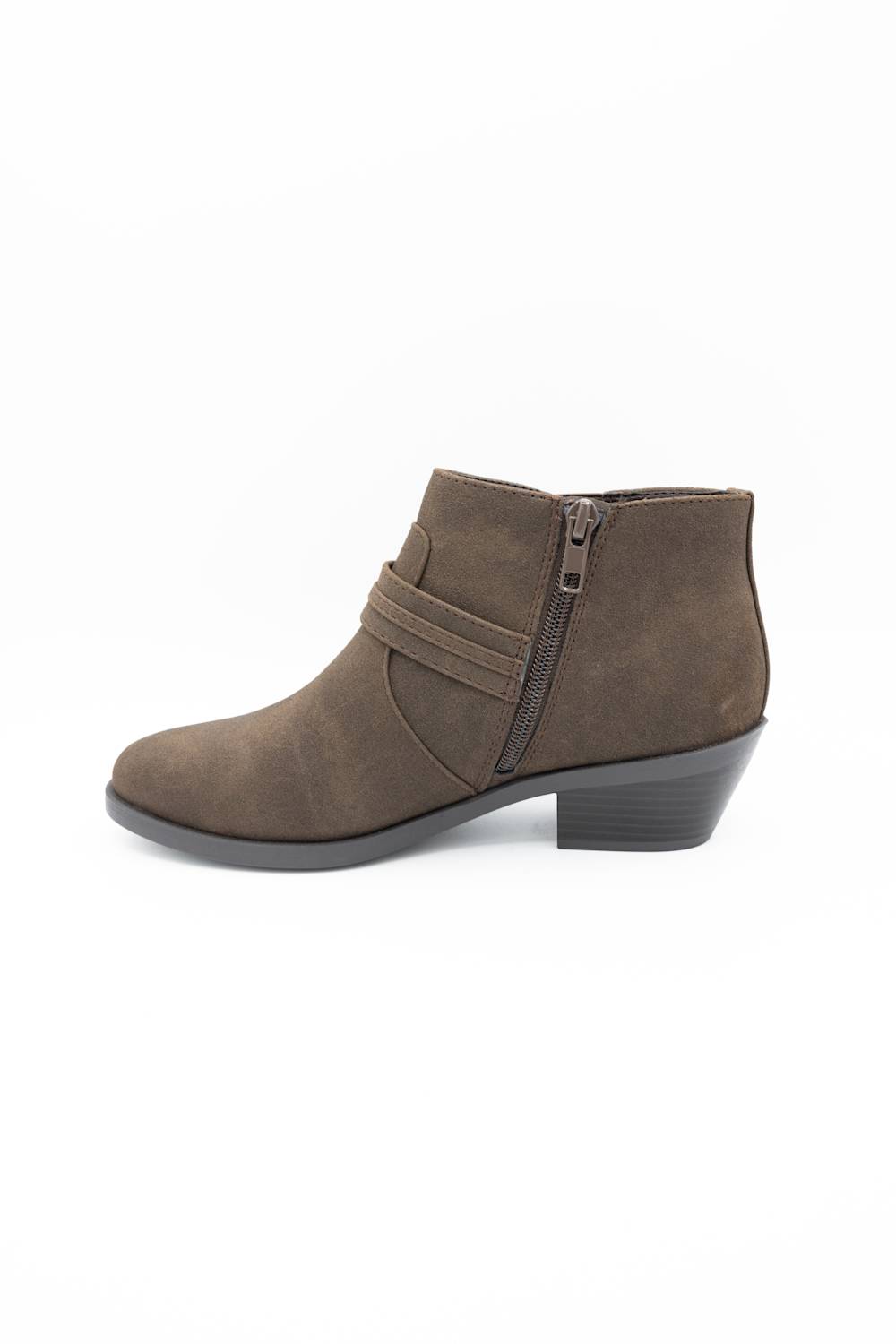 A brown suede ankle boot with a side buckle strap and a low block heel, shown from a three-quarters angle on a white background.