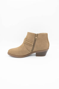 A tan suede ankle boot with a side zipper and a stacked block heel, shown from a side profile on a white background.