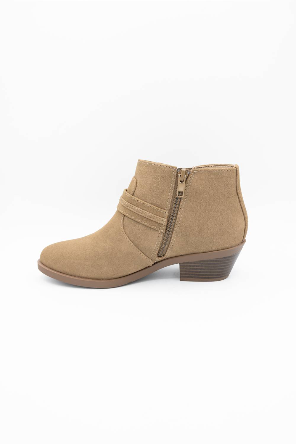 A tan suede ankle boot with a side zipper and a stacked block heel, shown from a side profile on a white background.