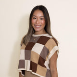 Olivaceous Checkered Colorblock Sweater Vest for Women in Brown