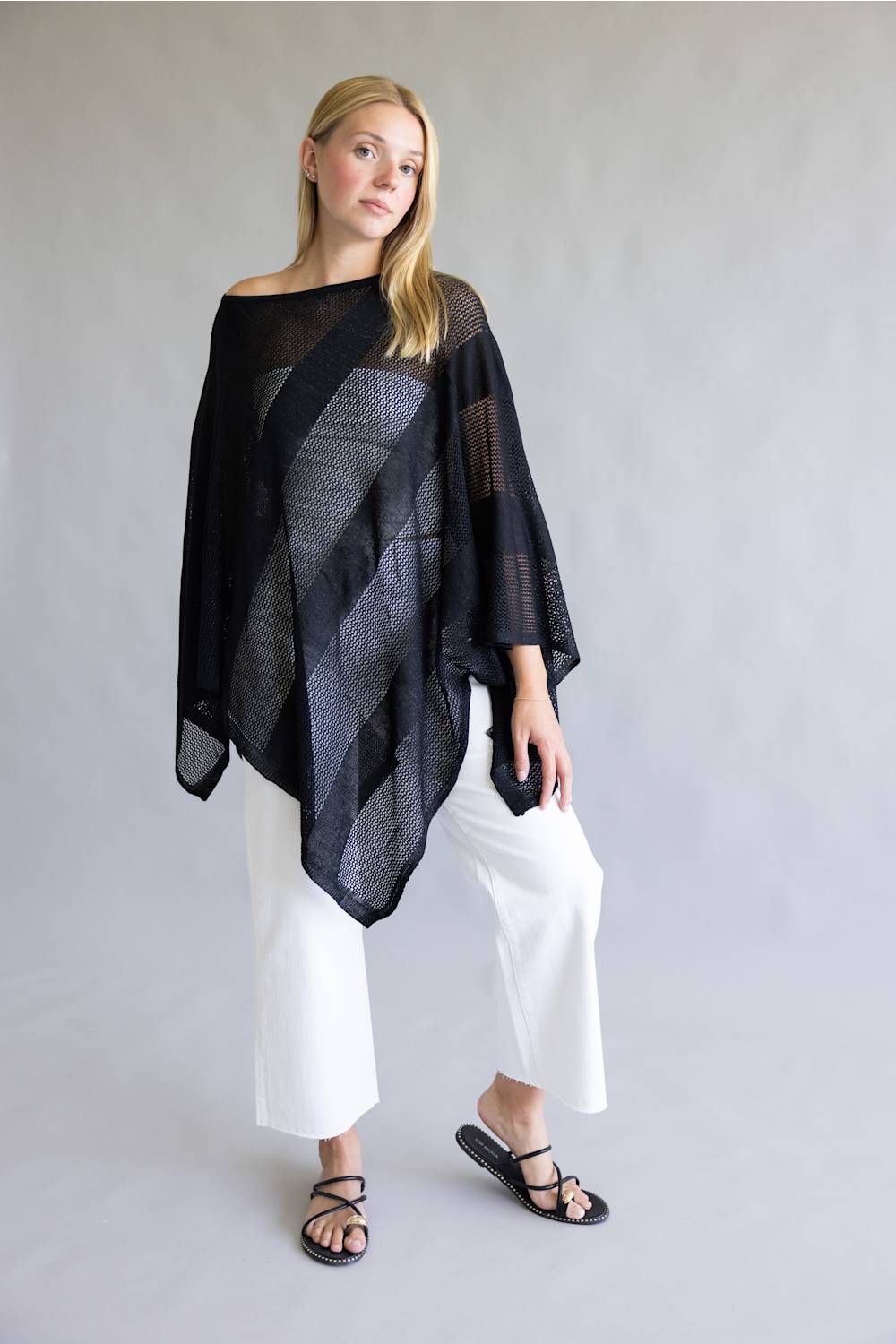 Open Knit Poncho for Women in Black