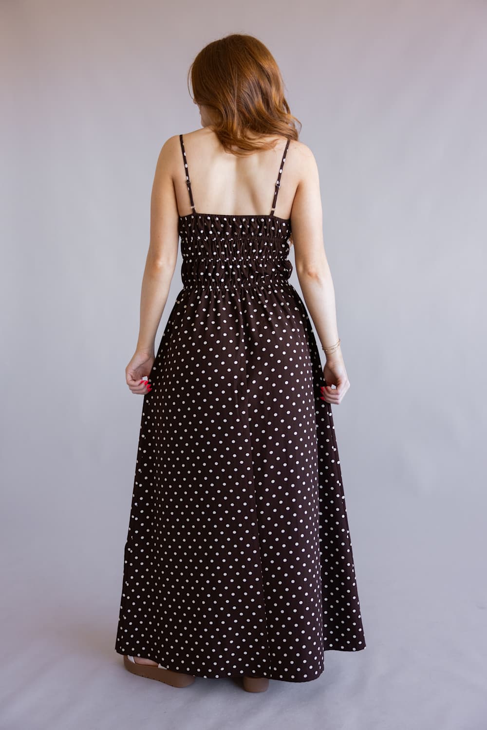 ACOA Polka Dot Midi Dress for Women in Brown | ACD72050A-BRN Glik's ACOA Polka Dot Midi Dress for Women in Brown | ACD72050A-BRN Glik's