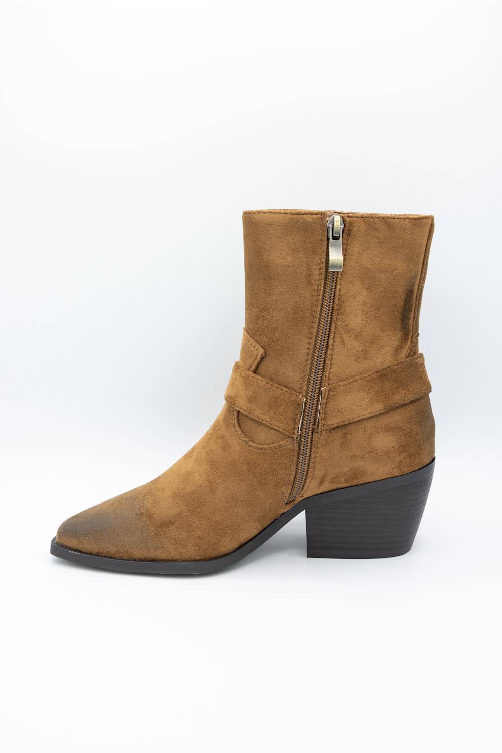 A tan suede ankle boot with a side zipper, a decorative strap detail, and a black block heel, shown from a side profile on a white background.