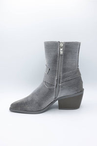 A gray suede ankle boot with a side zipper, pointed toe, and stacked block heel, shown from a side profile on a light gray background.