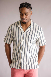Textured Woven Button Up Shirt for Men in Cream/Black