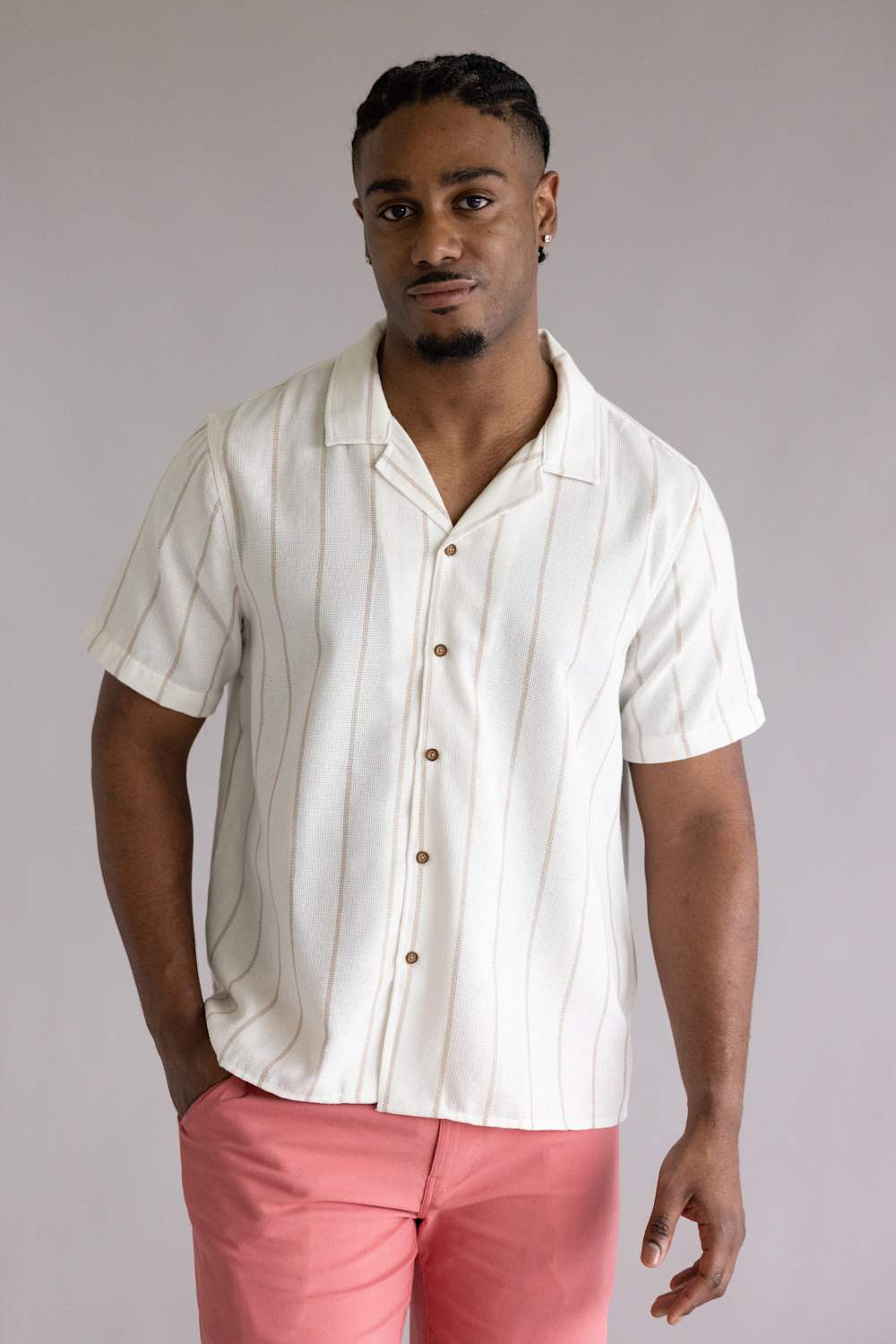 Textured Woven Button Up Shirt for Men in Ecru