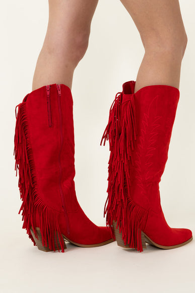 Pierre Dumas Dusty Western Fringe Midi Boots for Women in Red 