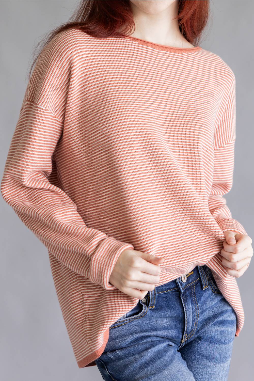Pinstriped Long Sleeve Sweater for Women in Terracotta