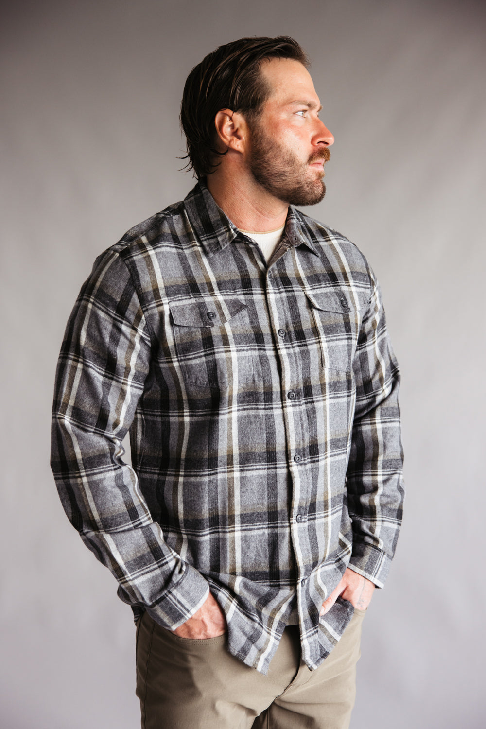 Plaid Flannel Shirt for Men in Grey Olive