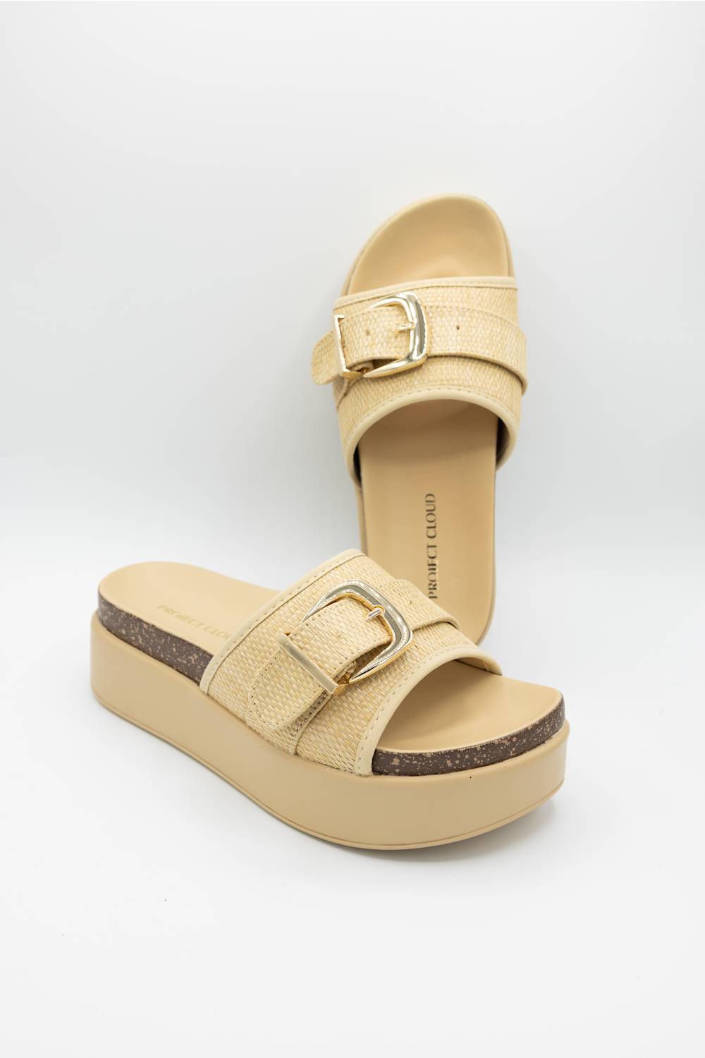 Project Cloud Sonia Raffia Platform Slides for Women in Beige