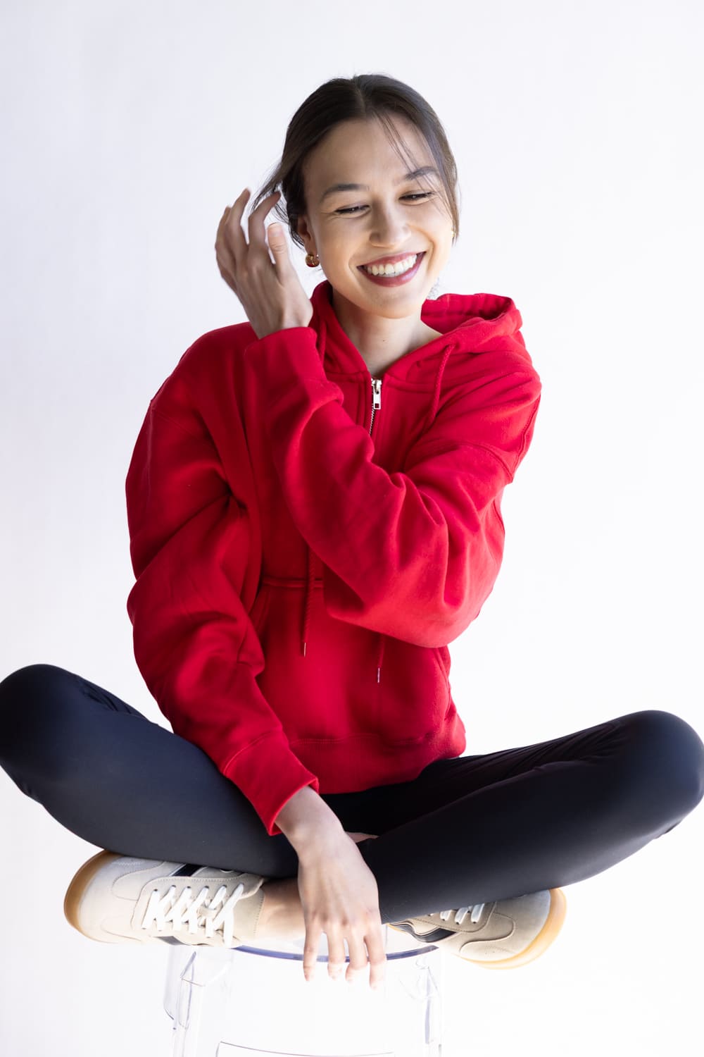 Half Zip Drawstring Fleece Hoodie for Women in Red