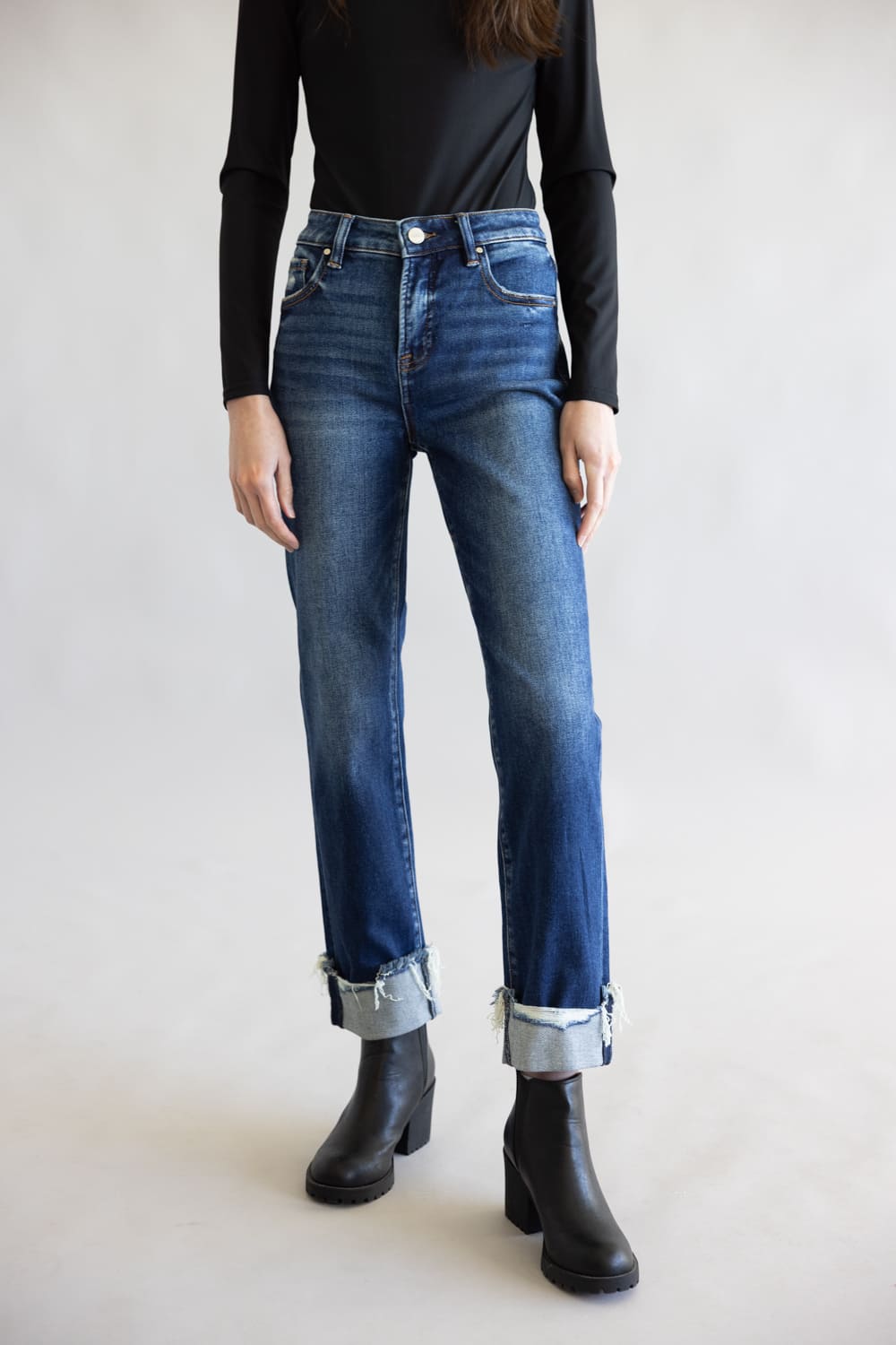 Risen High Rise Tummy Control Cuffed Straight Leg Jeans for Women