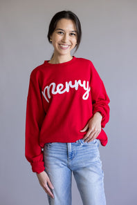 1897 Active Merry Patch Embroidered Fleece Sweatshirt for Women in Red