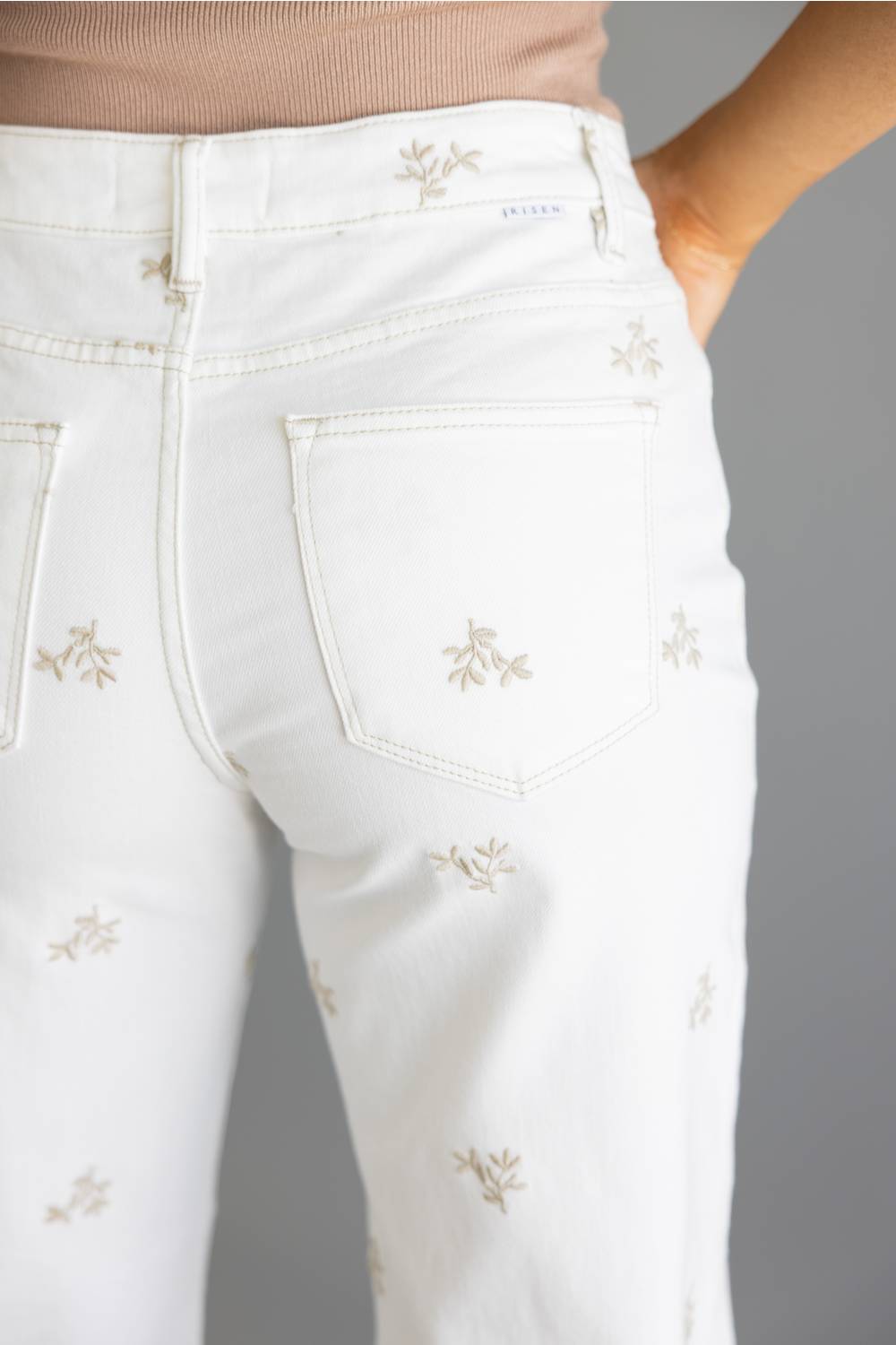 Risen High Rise Leaf Embroidered Barrel Jeans for Women in Cream