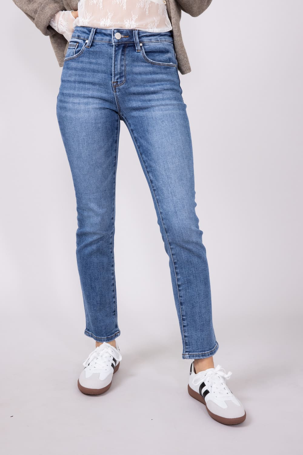 Risen Mid-Rise Medium Wash Straight Leg Jeans for Women