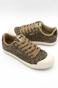 A low-top canvas sneaker featuring a brown and black leopard print pattern, tan laces, and a thick cream rubber toe cap and sole, shown against a plain white background.
