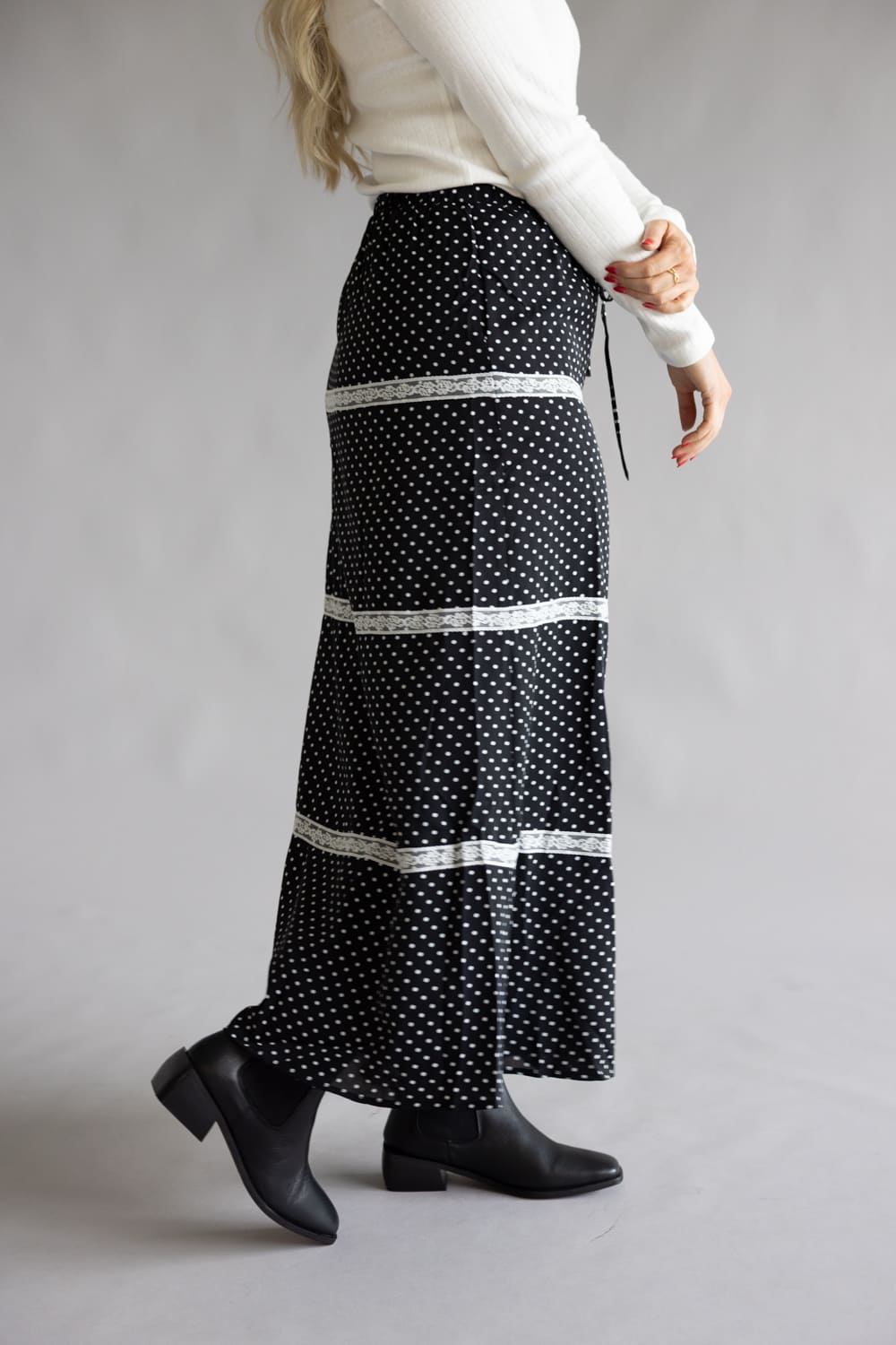 Rowan Polka Dot Tiered Maxi Skirt for Women in Black