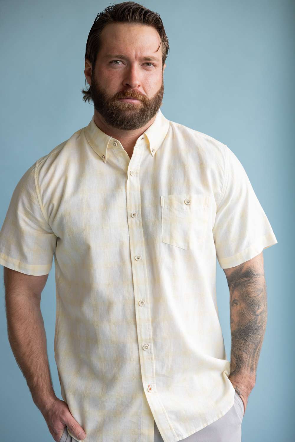 Weatherproof Vintage Cotton Plaid Button Down for Men in Lemon Gelato