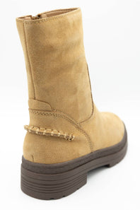 A tan suede ankle boot with a dark brown platform sole and a decorative braided detail near the heel, shown from a rear three-quarter angle on a white background.