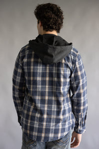 Hooded Plaid Flannel for Men in Washed Denim