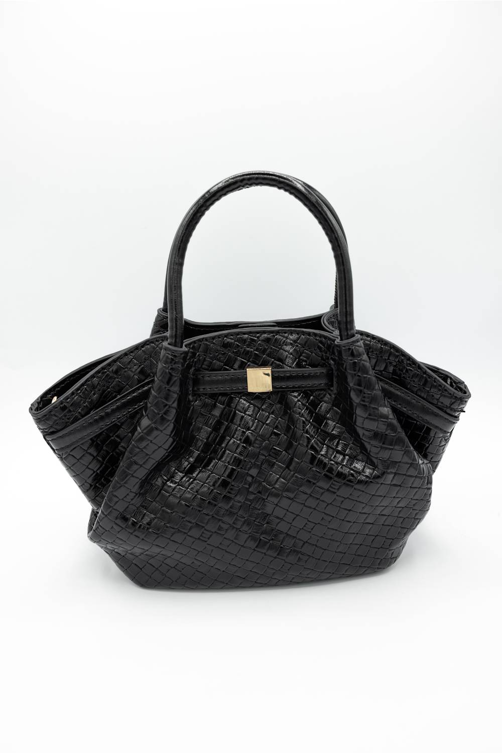 Black crocodile-embossed leather handbag with double top handles and a small gold-tone front accent, photographed on a clean white background.